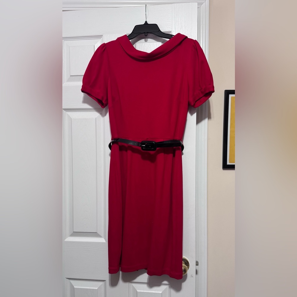 Calvin Klein Red Short-Sleeve Midi Dress with Black Belt